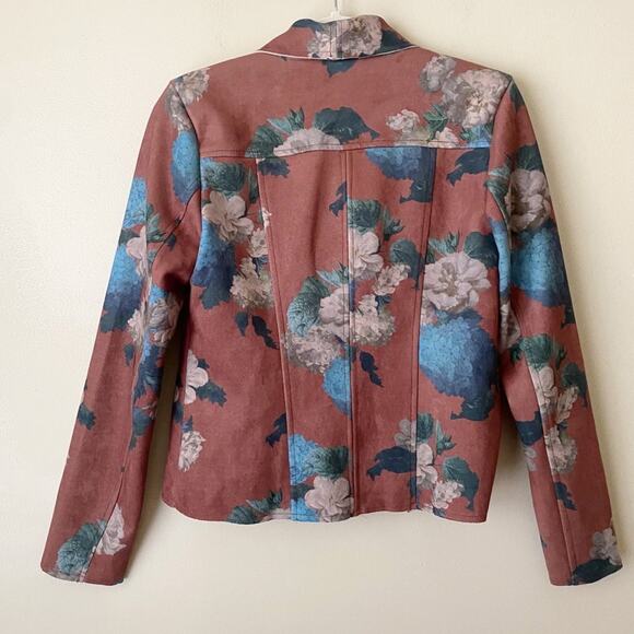 Elie Tahari | Faux Suede Floral Printed Drape Front Zip Jacket Pockets Brown S - Picture 6 of 10